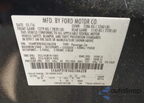 2016 Ford Taurus Limited из США, поврежденный, VIN 1FAHP2F85GG106328